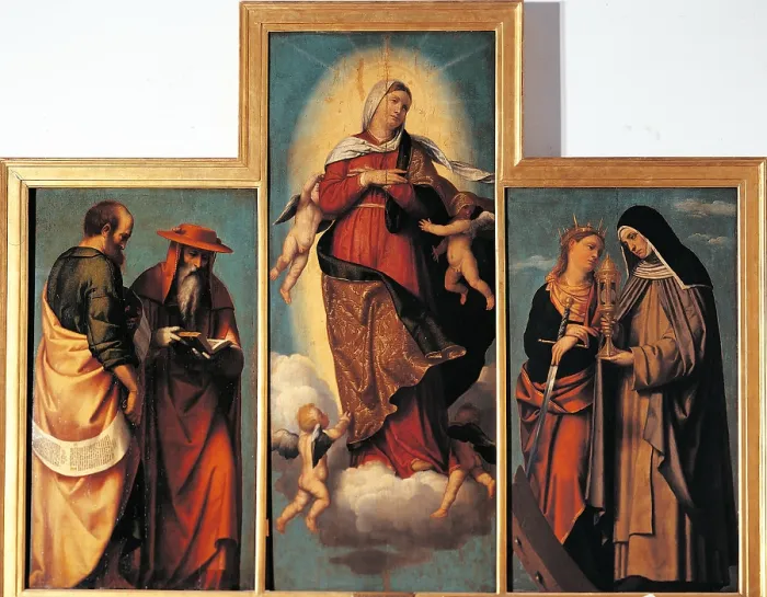 Framed Print : The Assumption of the Virgin with St Jerome, St Mark (probably), St Catherine of Alexandria and St Clare (Polyptich), by Alessandro Bonvicino known as Moretto da Brescia