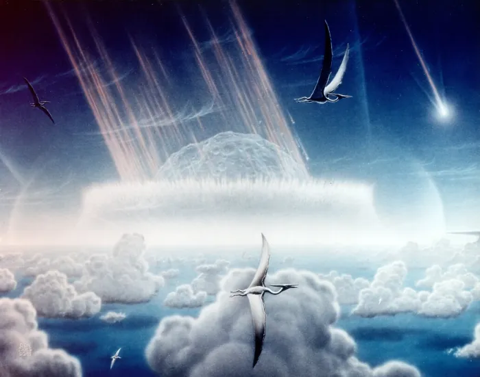 Framed Print : Asteroid slamming into the shallow seas of the Yucatan Peninsula. The asteroid impact of 65 million years ago, that caused the extinction of the dinosaurs