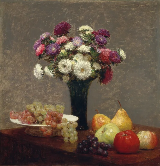 Framed Print : Asters and Fruit on a Table, by Henri Fantin-Latour, 1868, French impressionist oil painting
