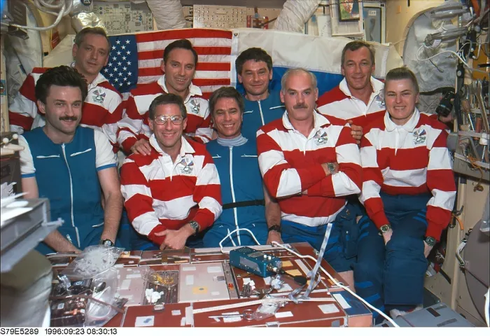 Framed Print : Astronauts and Cosmonauts aboard Russia's Mir Space Station. Russians are wearing blue, and Americans wearing red stripes