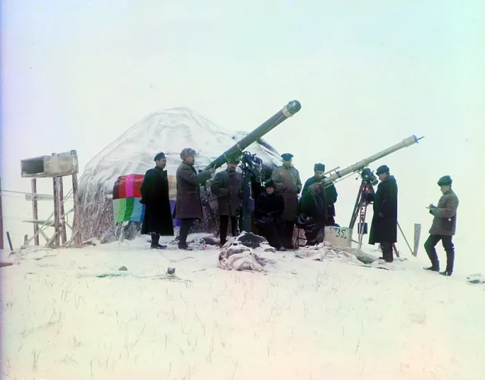 Framed Print : Astronomy. Observing a solar eclipse on January 1, 1907, near the Cherniaevo Station in the Tian-Shan mountains, Golodnaia Steppe, Kazakhstan, Jan 1, 1907