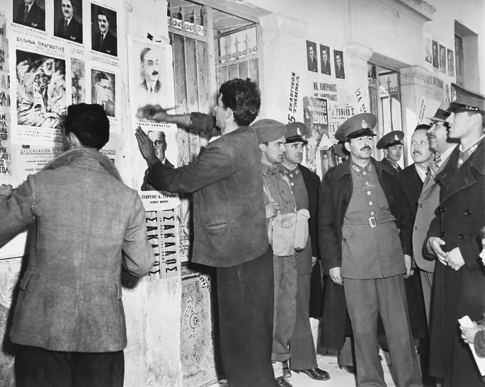 Framed Print : Athens Police and Greek National guardsmen maintain order at the polls in the first free election in ten years
