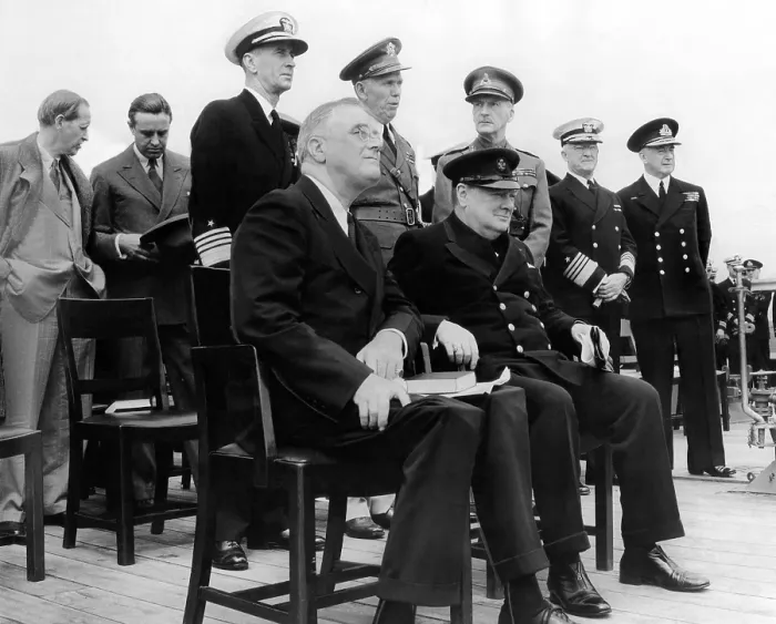 Framed Print : The Atlantic Conference, Franklin Roosevelt & Churchill with their chief advisors aboard H.M.S. Prince of Wales, Aug. 12, 1941