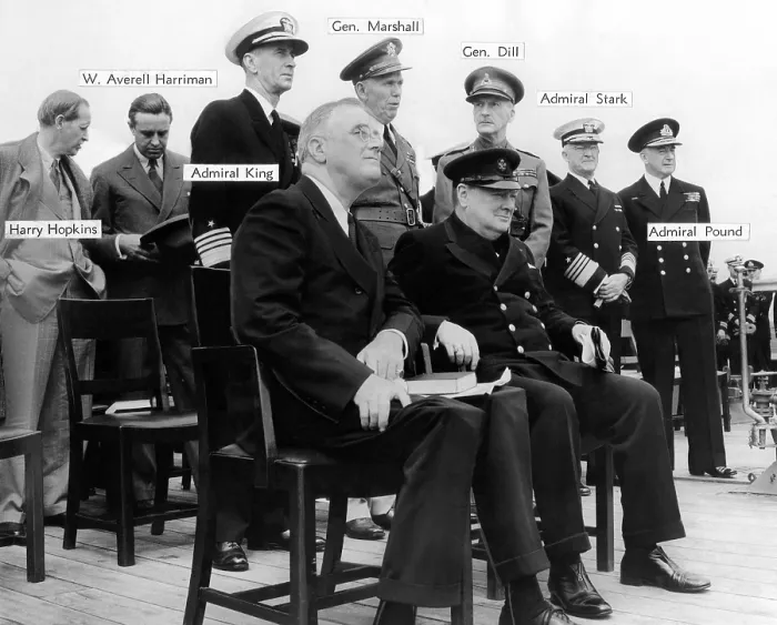 Framed Print : The Atlantic Conference, Franklin Roosevelt & Churchill with their chief advisors aboard H.M.S. Prince of Wales, Aug. 12, 1941 Framed Print : The Atlantic Conference, Franklin Roosevelt & Churchill with their chief advisors aboard H.M.S. Prince of Wales, Aug. 12, 1941