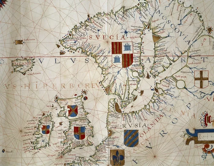 Framed Print : Atlas by Ferno Vaz Dourado, 1571. Chart 1: Northern Europe. Renaissance art. Miniature Painting. PORTUGAL. Lisbon. National Archive of the Tower of the Tombo