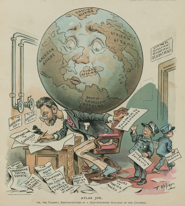 Framed Print : Atlas Joe; or, the Fearful Responsibilities of a Self-Appointed Manager of the Universe. Perspiring publisher Joseph Pulitzer hurriedly scribbling messages