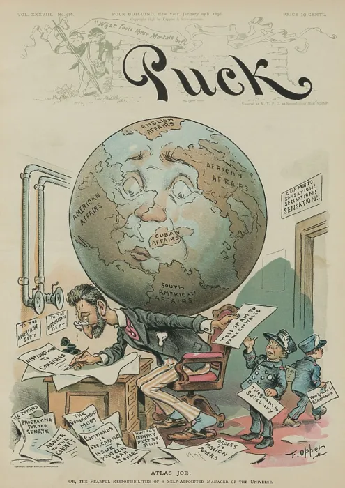 Framed Print : Atlas Joe; or, the Fearful Responsibilities of a Self-Appointed Manager of the Universe. Perspiring publisher Joseph Pulitzer hurriedly scribbling messages Framed Print : Atlas Joe; or, the Fearful Responsibilities of a Self-Appointed Manager of the Universe. Perspiring publisher Joseph Pulitzer hurriedly scribbling messages