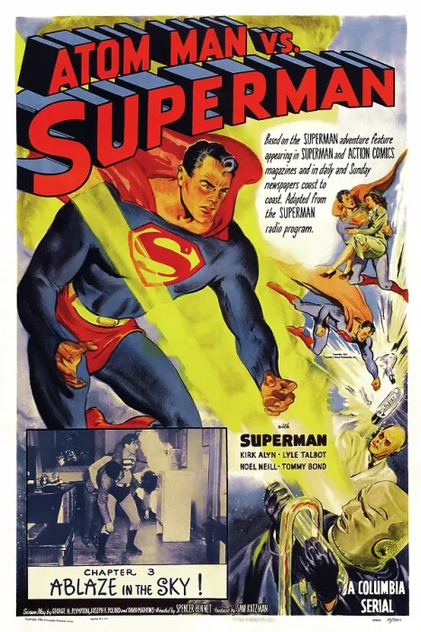 Framed Print : ATOM MAN VS. SUPERMAN, inset: Kirk Alyn in Chapter 3-Ablaze In The Sky!, poster art, 1950