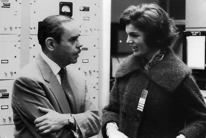 Framed Print : Atomic Energy Commission Manager Sam Sapirie talks with Jackie Kennedy. She accompanied her husband, Sen Framed Print : Atomic Energy Commission Manager Sam Sapirie talks with Jackie Kennedy. She accompanied her husband, Sen