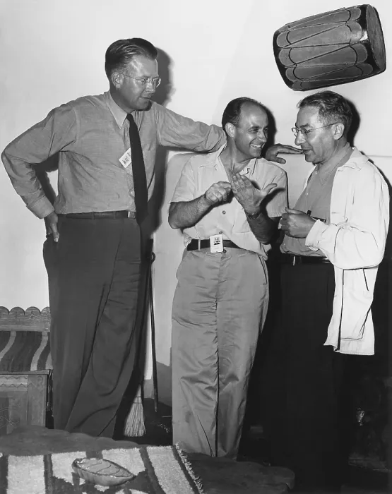 Framed Print : Atomic physicists Ernest Lawrence, Enrico Fermi, and Isidor Rabi at Los Alamos. Lawrence and Rabi were there to observe the Trinity Test on July 16, 1945. - (BSLOC_2015_1_81) Framed Print : Atomic physicists Ernest Lawrence, Enrico Fermi, and Isidor Rabi at Los Alamos. Lawrence and Rabi were there to observe the Trinity Test on July 16, 1945. - (BSLOC_2015_1_81)
