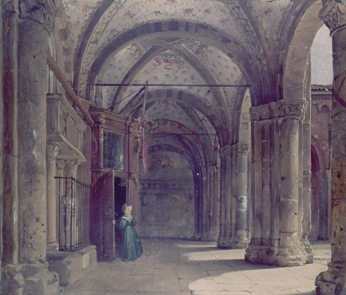 Framed Print : Atrium of Sant'Ambrose, the porch of the narthex (Atrio di Sant'Ambrogio, il portico del nartece), by Luigi Bisi, 1840, 19th Century, oil on canvas, 31, 5 x 36 cm - Italy Framed Print : Atrium of Sant'Ambrose, the porch of the narthex (Atrio di Sant'Ambrogio, il portico del nartece), by Luigi Bisi, 1840, 19th Century, oil on canvas, 31, 5 x 36 cm - Italy