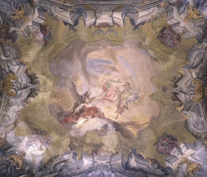 Framed Print : Atrium vault of the chapel of Corpus Christi, by Mattia Bortoloni, 18th century, fresco. - Italy, Lombardy, Monza, Cathedral. Whole artwork view