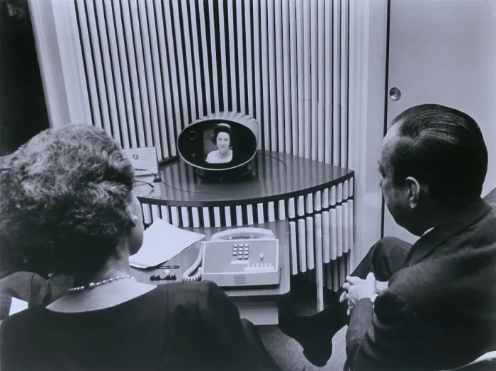 Framed Print : ATT inauguration of the picture phone, showing First Lady, Lady Bird Johnson on the receiver screen in 1964. The picture phone was never developed for the consumer market
