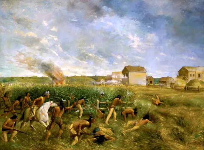 Framed Print : ATTACK ON NEW ULM, 1904, by Anton Gag, painting, oil on canvas. New Ulm was attacked twice during the Dakota War of 1862, on August 19-22, 1862