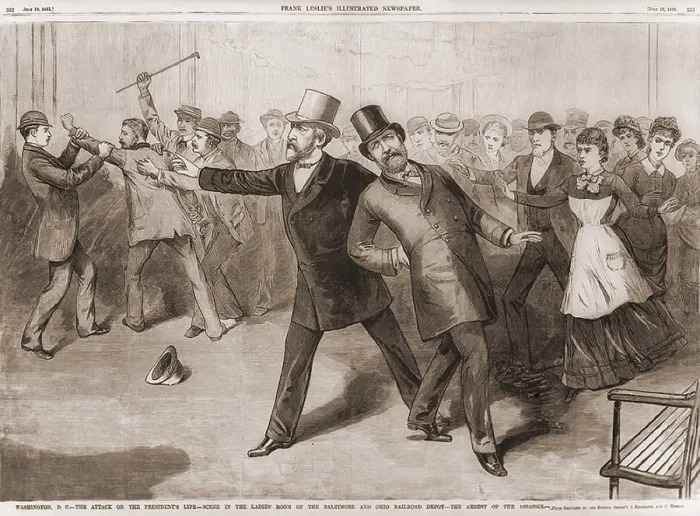 Framed Print : The attack on the President's life at the Baltimore and Ohio Railroad depot by Charles J. Guiteau Framed Print : The attack on the President's life at the Baltimore and Ohio Railroad depot by Charles J. Guiteau