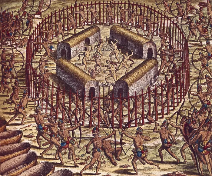 Framed Print : Attack on a village by Tuppinjkinsij Indian clan. Illustration from 'Americae Tertia Pars Memorabile Brasilae', France, s. XVI. Engraving. FRANCE. Paris Framed Print : Attack on a village by Tuppinjkinsij Indian clan. Illustration from 'Americae Tertia Pars Memorabile Brasilae', France, s. XVI. Engraving. FRANCE. Paris