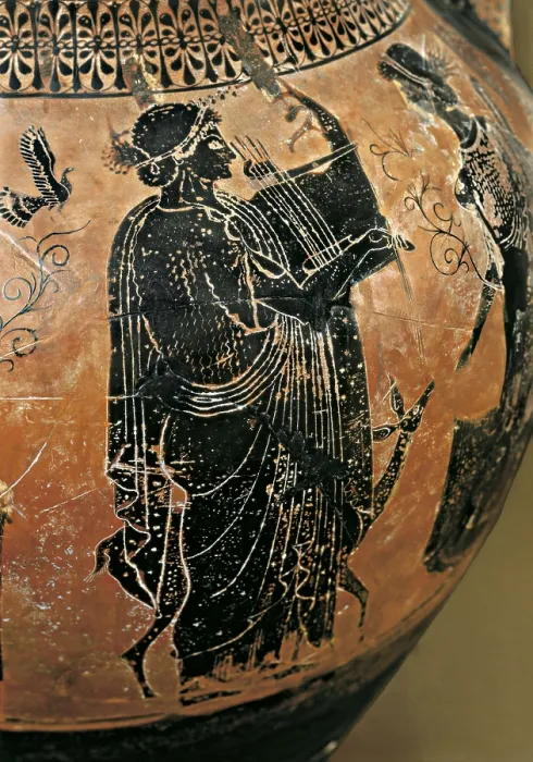 Framed Print : Attic black-figure amphora. 6th c. BC. Representation of a musician playing the zither. Archaic Greek art. Ceramics. FRANCE. Paris. Louvre Museum. Proc: GREECE. Athens