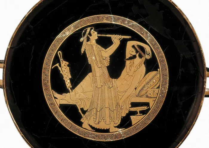 Framed Print : Attic red-figure cup depicting a woman playing a double flute. 6th c. BC. Red-figure on background decoration. Archaic Greek art. Ceramics. FRANCE. Paris. Louvre Museum Framed Print : Attic red-figure cup depicting a woman playing a double flute. 6th c. BC. Red-figure on background decoration. Archaic Greek art. Ceramics. FRANCE. Paris. Louvre Museum