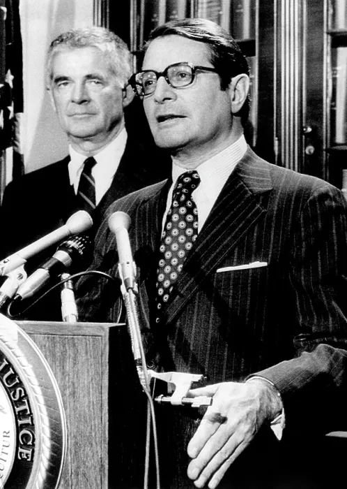 Framed Print : Attorney General Elliot Richardson (right), swearing in Archibald N. Cox as special prosecutor investigating the Watergate scandal, Washington D.C. May 25, 1973 Framed Print : Attorney General Elliot Richardson (right), swearing in Archibald N. Cox as special prosecutor investigating the Watergate scandal, Washington D.C. May 25, 1973