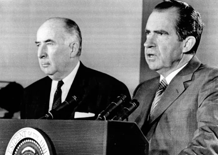 Framed Print : Attorney General John Mitchell and President Richard Nixon at a press conference during which Nixon declared Charles Manson guilty while Manson was still on trial. June 3, 1970