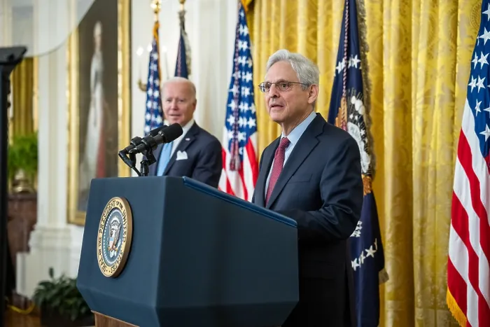 Framed Print : Attorney General Merrick Garland speaks during a Medal of Valor ceremony, as President Biden looks on, May 16, 2022