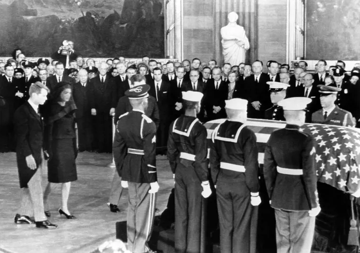 Framed Print : Attorney General Robert F. Kennedy, Jacqueline Kennedy, approach the casket of the assassinated President John F. Kennedy, in the rotunda of the Capitol, November 25, 1963