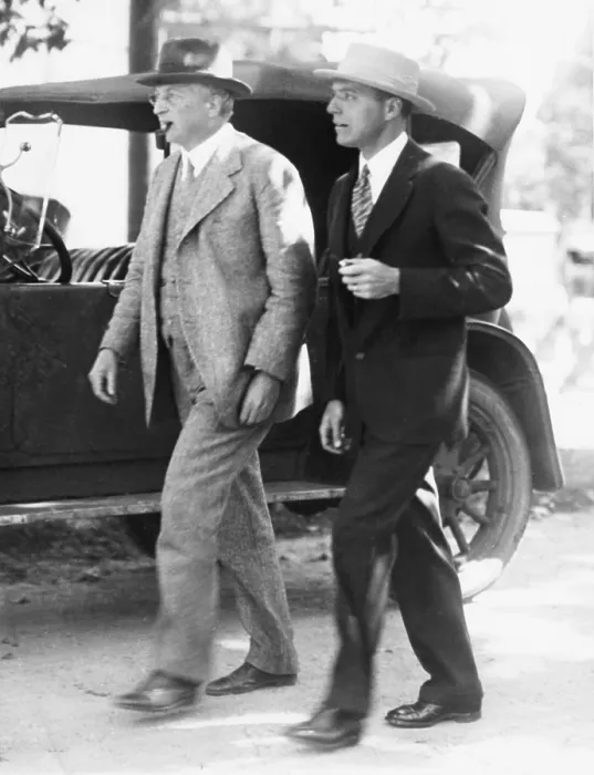 Framed Print : Attorneys William G. Thompson (left) and Herbert Ehrmann, lawyers for Nicola and Vanzetti. They are leaving the Dedham County Court House on Sept