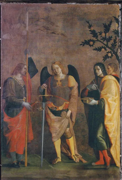 Framed Print : attributed Caroto Gian Francesco, St Bovo, the Archangel Michael, St Cosmas and St Damian, 1510 - 1515, 16th Century, Italy, Lombardy, Mantua
