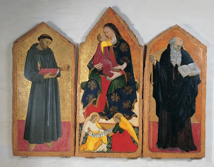 Framed Print : attributed probably Pellegrino di Giovanni, Madonna and Child with Angels, St Francis and St Anthony Abbot, 15th Century, tempera on board, Italy, Umbria, Perugia