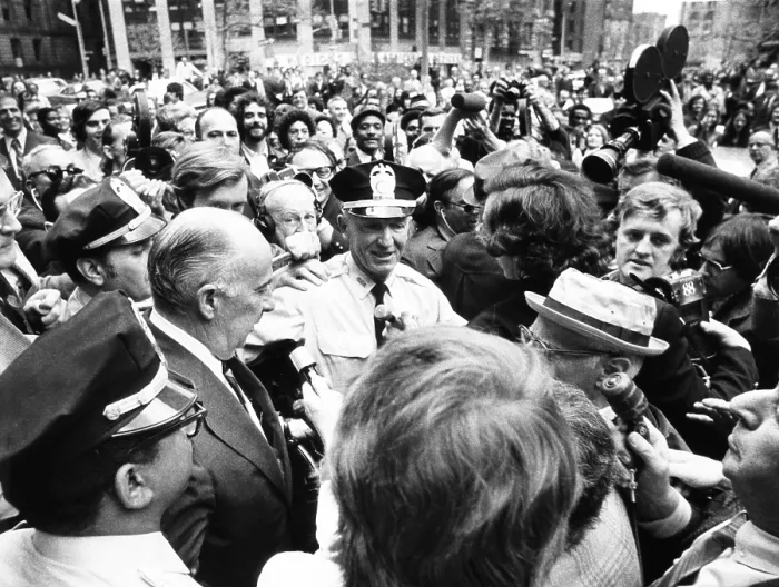 Framed Print : Former Atty. Gen. John Mitchell was escorted by police from New York's Federal Court. April 24, 1973