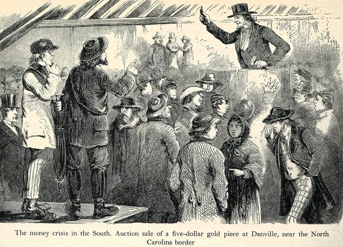 Framed Print : The auction of a five dollar gold piece at Danville, near the North Carolina border 1860s