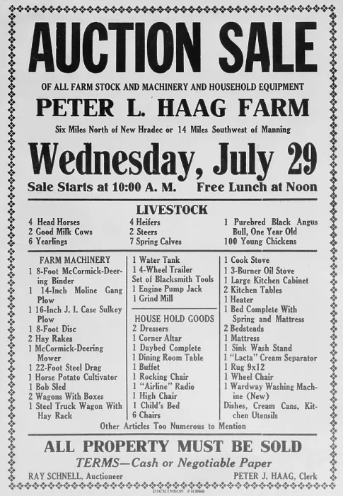 Framed Print : Auction sale notice of the farm and household assets of a North Dakota farmer in 1936. Farm crisis bankruptcy caused families to lose everything Framed Print : Auction sale notice of the farm and household assets of a North Dakota farmer in 1936. Farm crisis bankruptcy caused families to lose everything