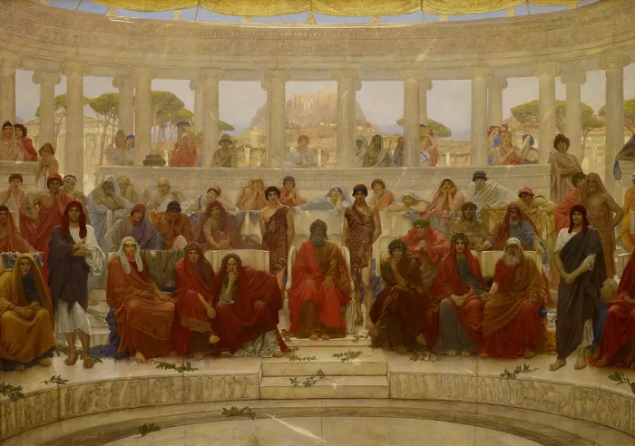 Framed Print : An Audience in Athens During Agamemnon, by Aeschylus, 1884, by Sir William Blake Richmond, 1842-1921, British, figurative painting, oil on canvas