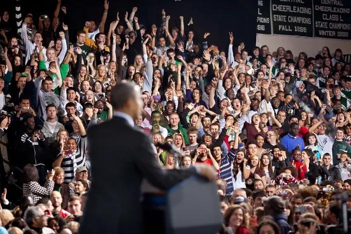 Framed Print : Audience cheers as President Barack Obama delivers remarks on the American Jobs Act. Manchester, N.H. Nov. 22, 2011. (BSLOC_2015_3_21) Framed Print : Audience cheers as President Barack Obama delivers remarks on the American Jobs Act. Manchester, N.H. Nov. 22, 2011. (BSLOC_2015_3_21)