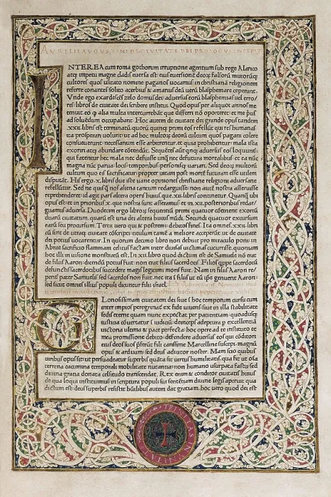Framed Print : AUGUSTINE, Saint (354-430). Illuminated page from an edition of 'The City of God' by Saint Augustine published in Rome in 1468. Miniature Painting. SPAIN. Segovia