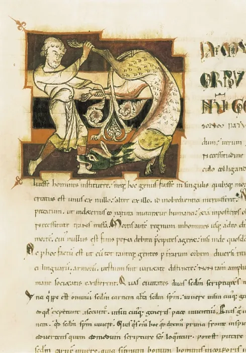 Framed Print : AUGUSTINE, Saint (354-430). Page illuminated from an edition of 'The City of God' of Saint Augustine published in the 12th century. Romanesque art. Miniature Painting