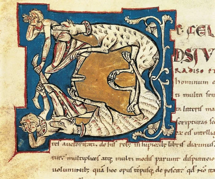 Framed Print : AUGUSTINE, Saint (354-430). Initial of a page from 'The City of God' of Saint Augustine. Edition published in the 12th century. Romanesque art. Miniature Painting