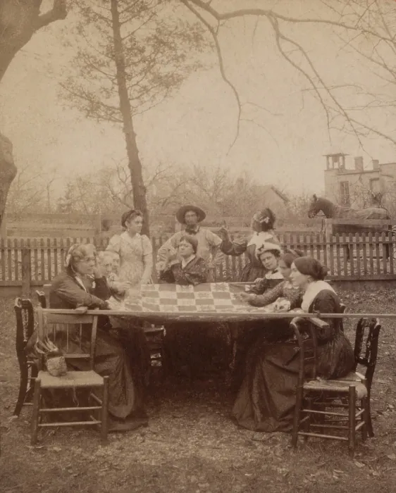 Framed Print : Aunt Hannahs Quilting Party, 1896. Nine woman and one man, at an American quilting bee (BSLOC_2019_7_211)