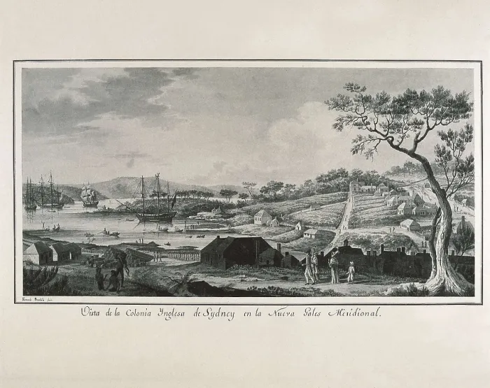 Framed Print : Australia (18th c.). English colony of New South Wales. Drawing by Fernando Brambila illustrating the scientific expedition of Alejandro Malaspina (1789-1794). Litography. SPAIN Framed Print : Australia (18th c.). English colony of New South Wales. Drawing by Fernando Brambila illustrating the scientific expedition of Alejandro Malaspina (1789-1794). Litography. SPAIN
