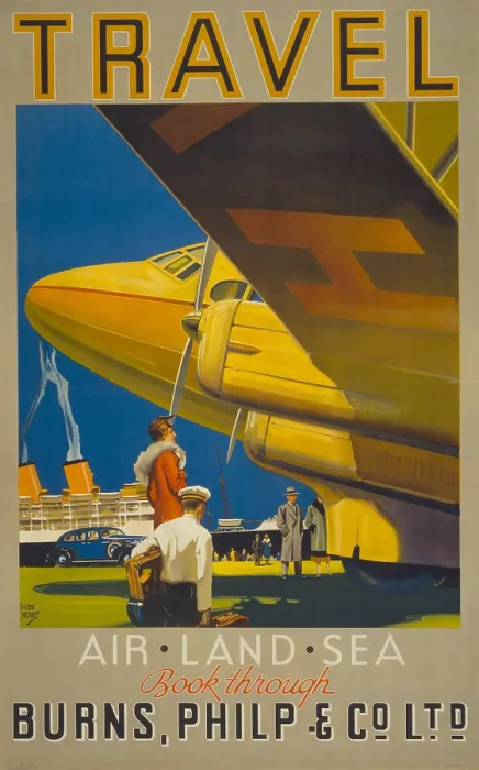 Framed Print : Australian poster reads, Travel-air, land, sea. Book through Burnes, Philip & Co. Ltd. The Poster depicts a woman, a baggage porter and others standing by an airplane