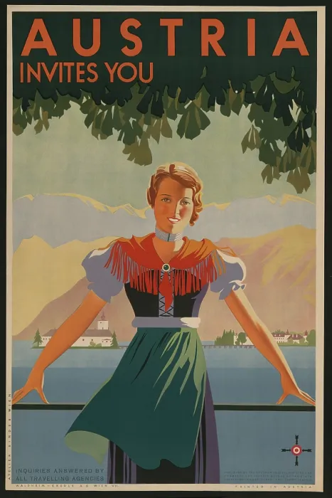 Framed Print : Austria Invites You! 1934 travel poster shows young woman in front of stylized village and mountains. (BSLOC_2015_14_212)