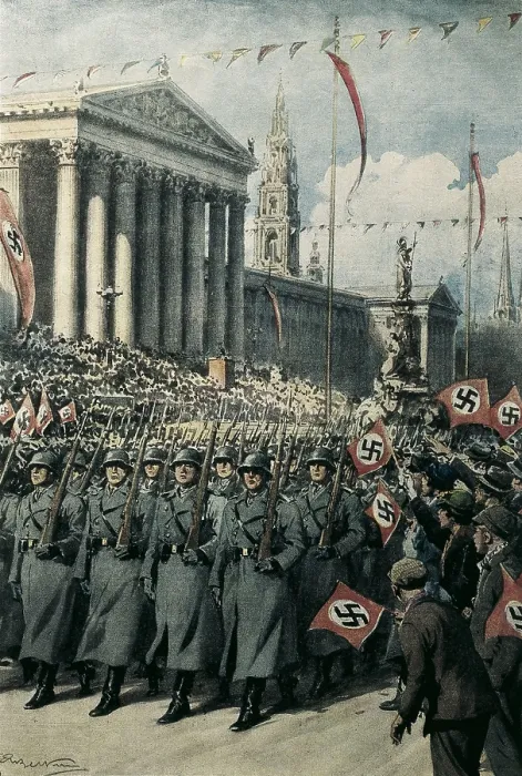 Framed Print : Austria (March1938). German troops parade before Hitler in the streets of Vienna after the annexation of Austria to the Reich or Anschluss. Engraving