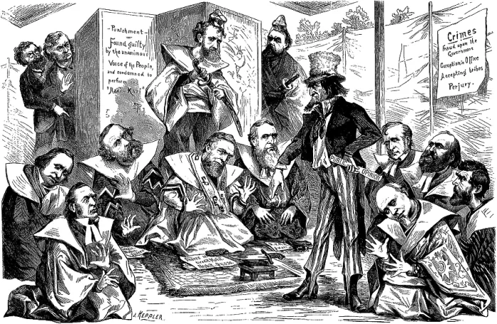 Framed Print : Austrian born, American cartoonist, Joseph Keppler, depicts government culprits of the Credit Mobilier scandal, as samurai receiving instruction in ritual suicide, hara-kiri