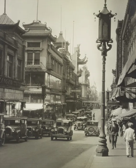 Framed Print : Auto traffic on a street in Chinatown, San Francisco, California, c. 1915-1925