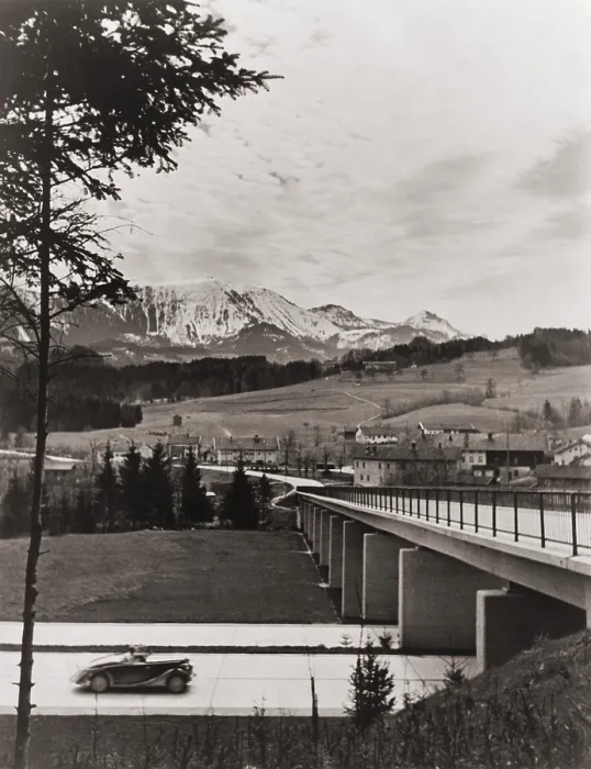 Framed Print : Automobile approaching overpass on the German Autobahn with countryside and mountains in the background. Ca. 1938. LC-USZ62-128819