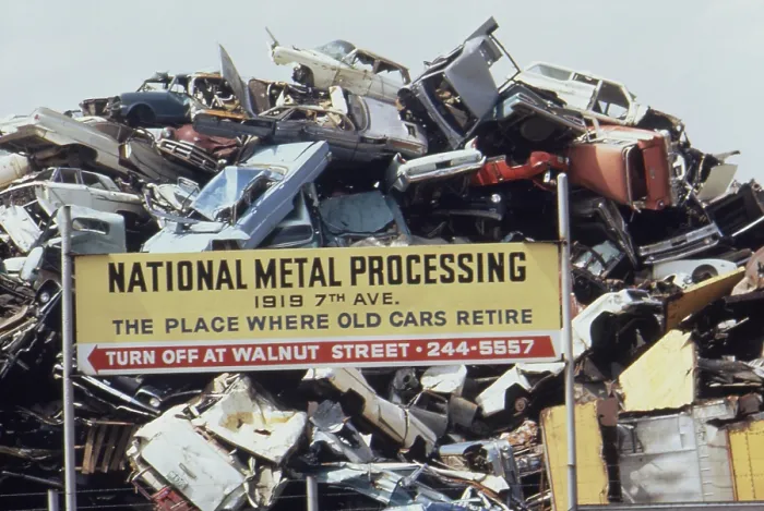 Framed Print : An automobile junkyards shreds and compacts cars to recycle the scrap steel. Philadelphia area ca. 1973-75 Framed Print : An automobile junkyards shreds and compacts cars to recycle the scrap steel. Philadelphia area ca. 1973-75