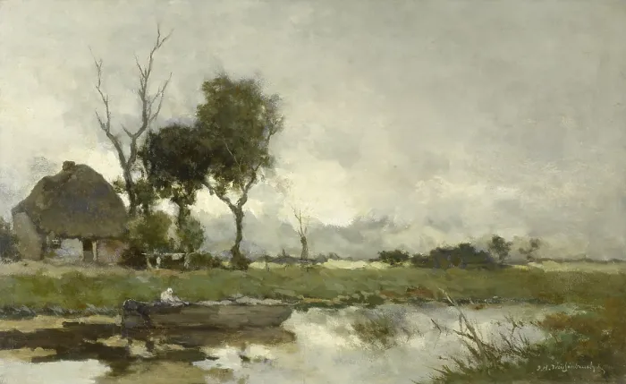 Framed Print : Autumn Landscape, by Johan Hendrik Weissenbruch, c. 1875-1903, Dutch painting, oil on canvas. Polder landscape of drained river delta lands with a small farm under trees