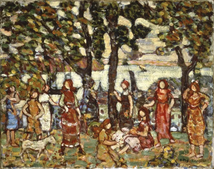 Framed Print : Autumn, by Maurice Brazil Prendergast, 1910 - 1912, 19th century, oil on canvas - Spain, Madrid, Thyssen-Bornemisza Museum. Whole artwork view. People in a wood