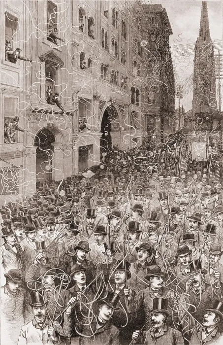 Framed Print : An avalanche of telegraphic tape falls on New York's Wall Street during the 1888 presidential election campaign parade