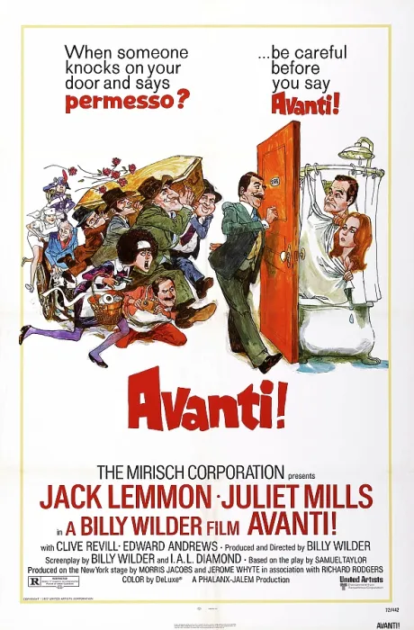 Framed Print : AVANTI!, center: Clive Revill, Jack Lemmon (second from right), Juliet Mills (far right) on poster art, 1972